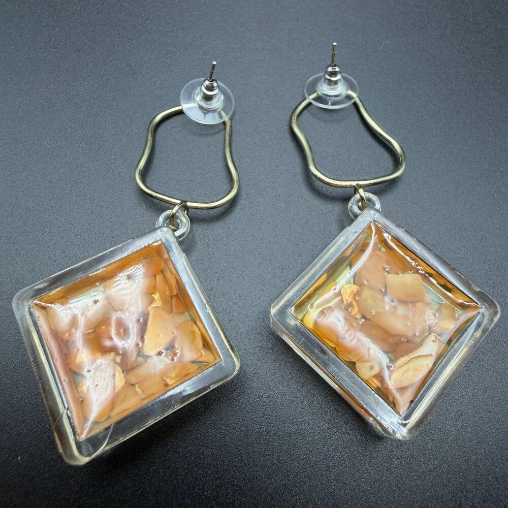 Vintage Brass Resin Orange Lucite Shell Dangle Drop Earrings Geometric Diamond